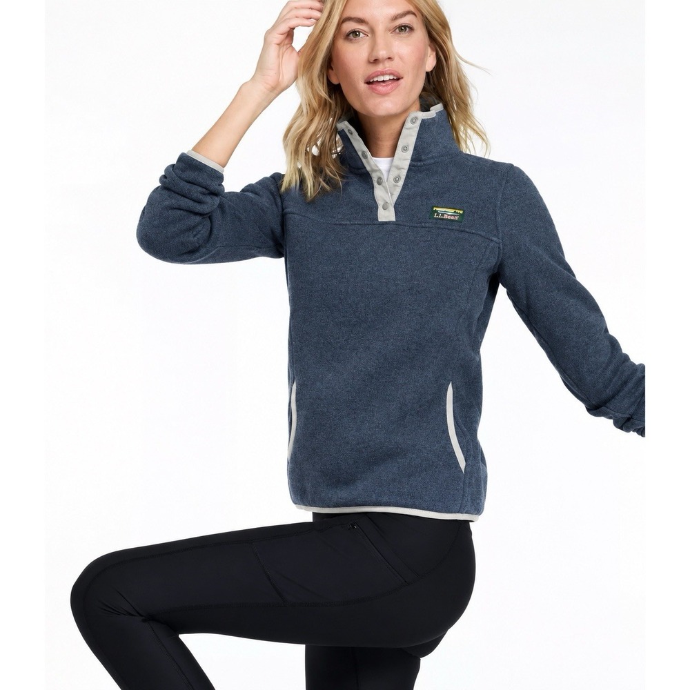 L.L. Bean Sweater Fleece Pullover Navy Blue Sweater Knit Snap-T Size Reg Small